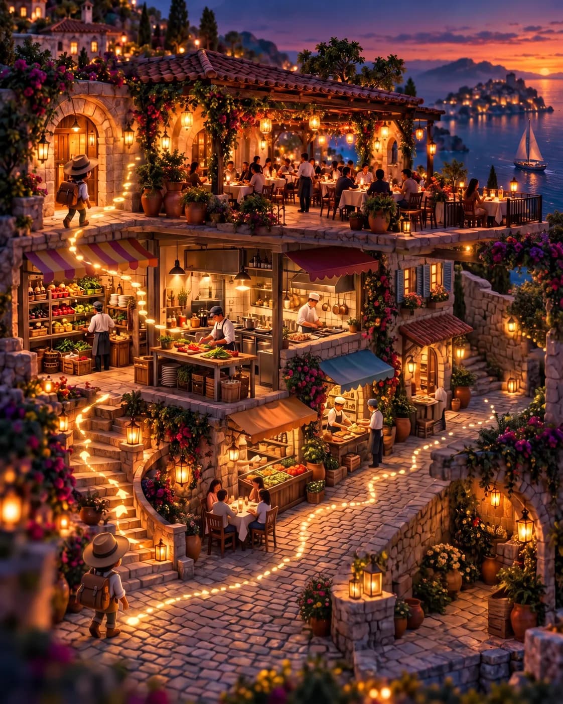 Çizim: yamaçta restoran sokağının genel görünümü; terasta mumlu masalar, ışıklı yol, gezgin sol altta varıyor.