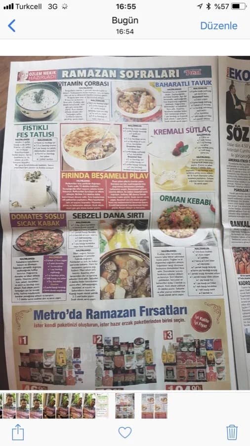 Gazete sayfası: 'Ramazan Sofraları' başlıklı tam sayfa; tarif kutuları (Fıstıklı Fes Tatlısı, Baharatlı Tavuk, Kremalı Sütlaç, Fırında Beşamelli Pilav, Orman Kebabı), altta market ilanı. Dikey.